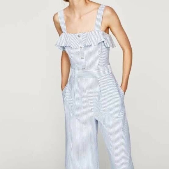 NWT Zara Wide Leg Striped Jumpsuit w Ruffle Neck - Picture 9 of 10